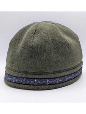 LL Bean Fleece Beanie Green Winter Aztec Ski Hat Cap Vintage Pillbox Size M/L